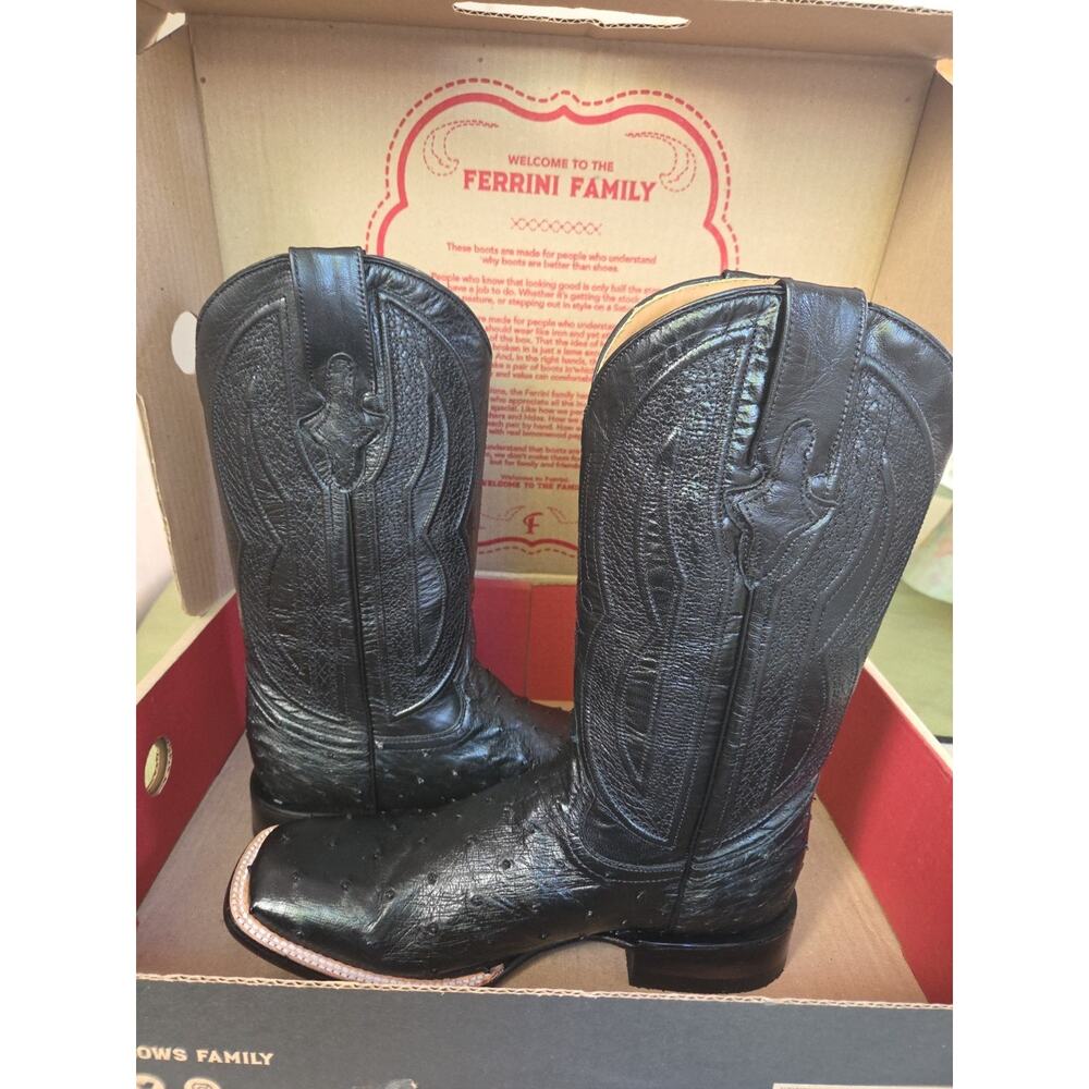 Ferrini Full Quill Ostrich Square Toe Cowboy Mens Black Dress Boots US8.5 - Picture 2 of 11